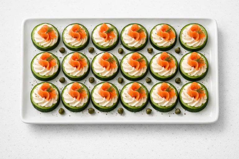 Smoked salmon cucumber canapes on a white serving platter with cream cheese, dill, and capers