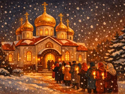 Snow-covered Orthodox church glowing with candlelight on Christmas Eve