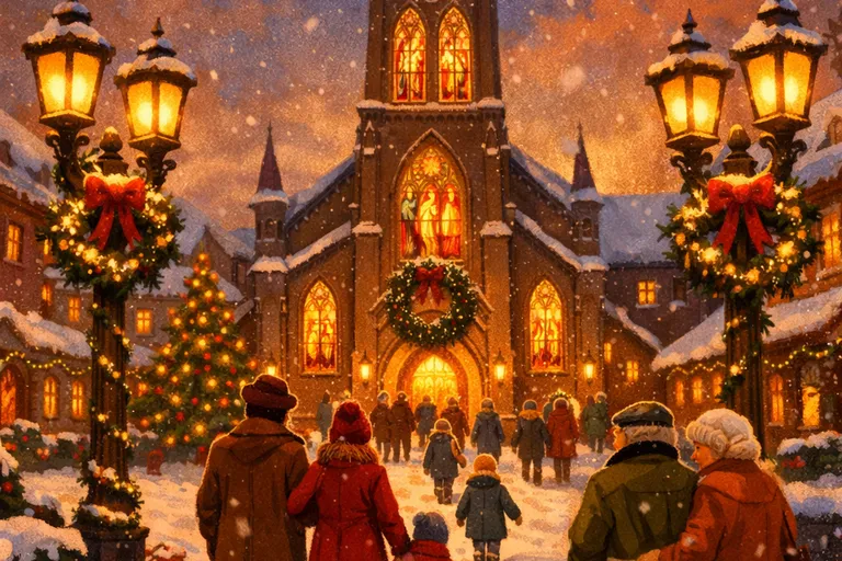 Snowy European town square on Christmas Eve with families walking toward an illuminated church