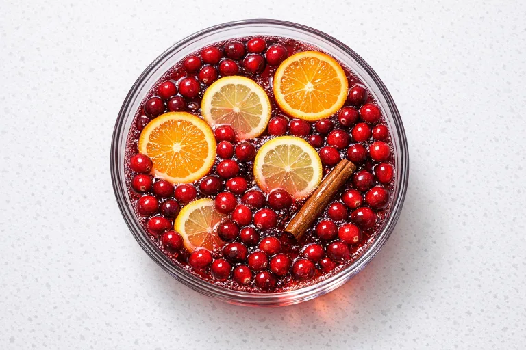 Sparkling Christmas punch in a glass bowl with cranberries and orange slices