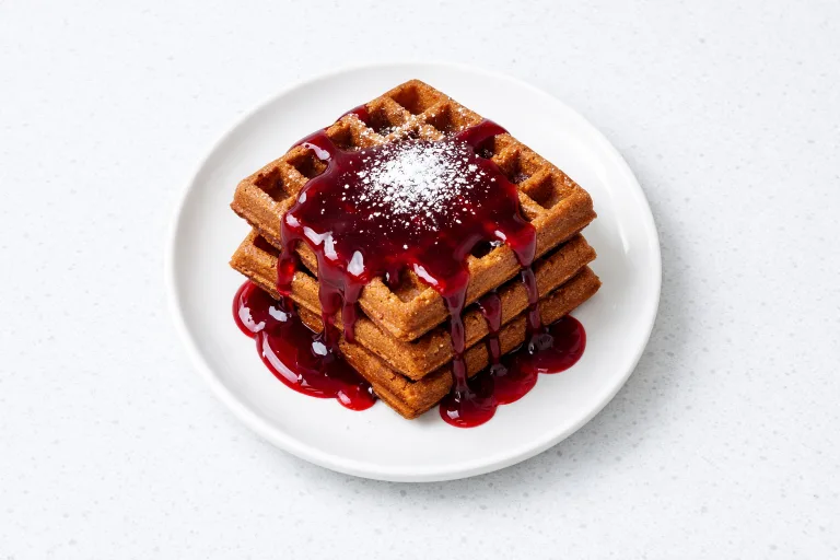 Stack of golden gingerbread waffles on a white plate with glossy cranberry syrup poured over the top