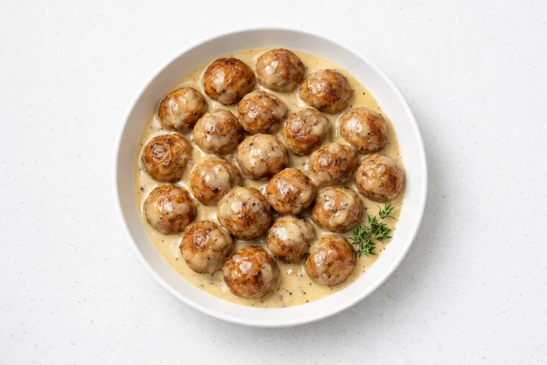 Swedish Christmas meatballs (kottbullar) in cream gravy in a white ceramic bowl