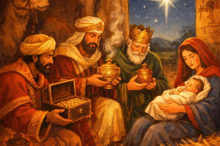 The biblical Magi presenting gifts to the infant Jesus in a stable