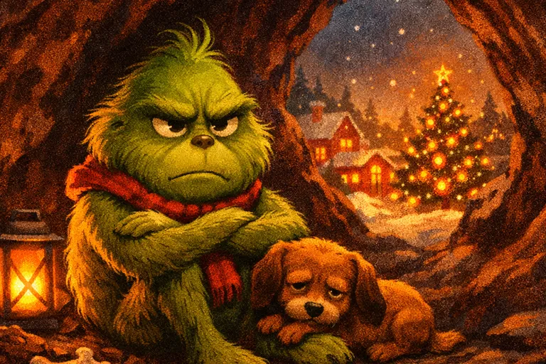 The Grinch sitting alone in his cave with his dog Max while Whoville glows in the distance