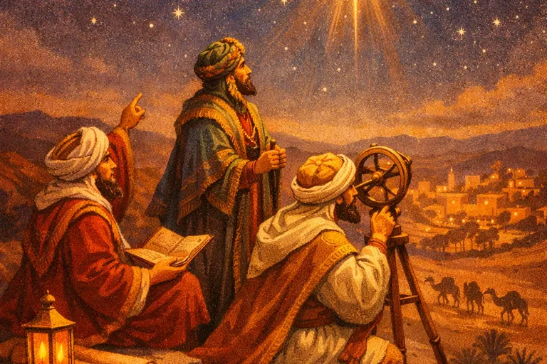 Three Magi observing the Star of Bethlehem from a hilltop in the ancient Near East