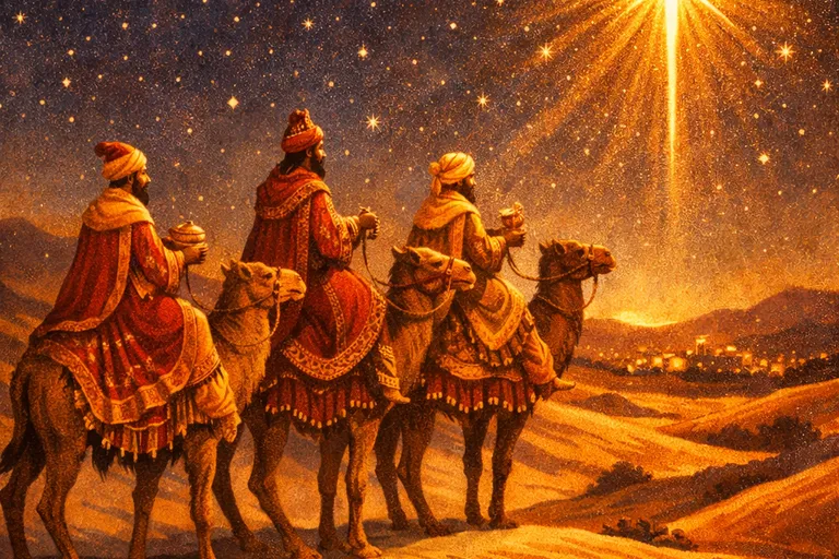 Three Magi riding camels under a bright star in the desert night