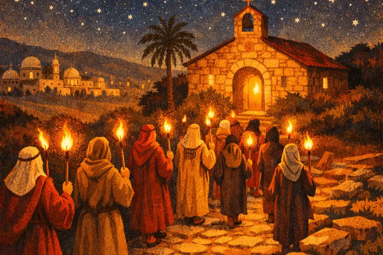 Torchlit procession of early Christian pilgrims approaching Bethlehem chapel at night
