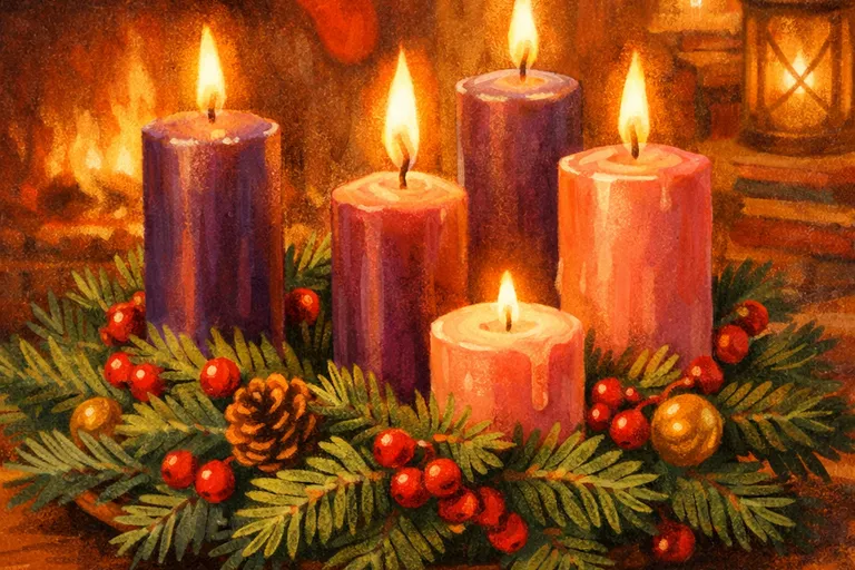 Traditional Advent wreath with four candles on evergreen branches