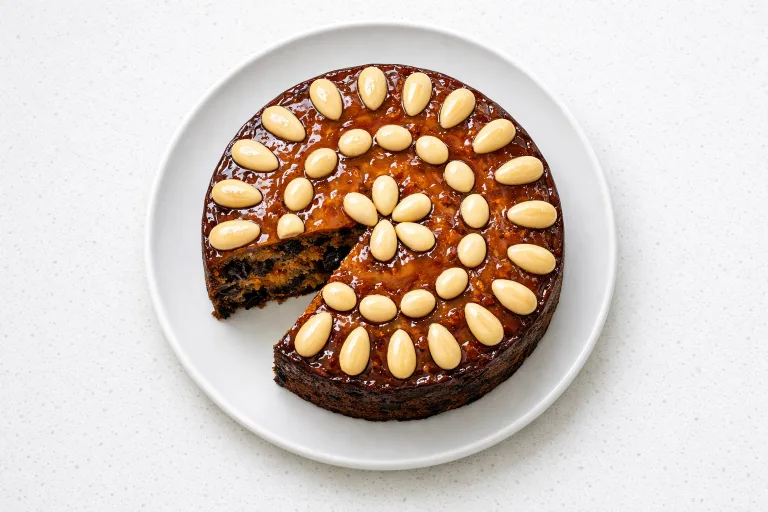 Traditional British Christmas fruitcake with brandy glaze and whole almonds on a white plate