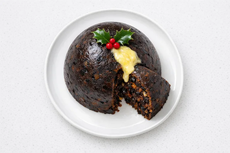 Traditional British Christmas pudding on a white plate with brandy butter and holly garnish