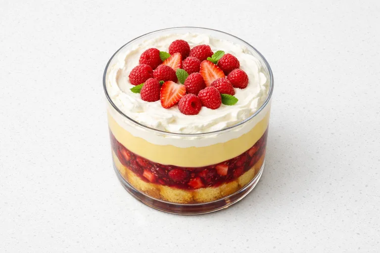 Traditional British Christmas trifle in a glass bowl showing layers of sponge, berry compote, custard, and whipped cream topped with fresh berries