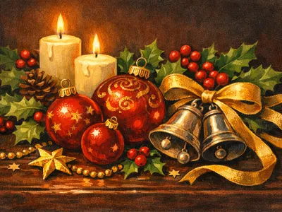 Traditional Christmas colors displayed through ornaments, holly, gold ribbon, and candles