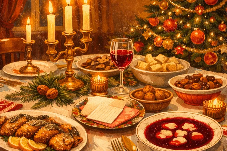 Traditional Polish Wigilia Christmas Eve table with candles, carp, and oplatki wafers