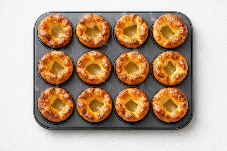 Twelve freshly baked Yorkshire puddings in a muffin tin, tall and golden with hollow centres