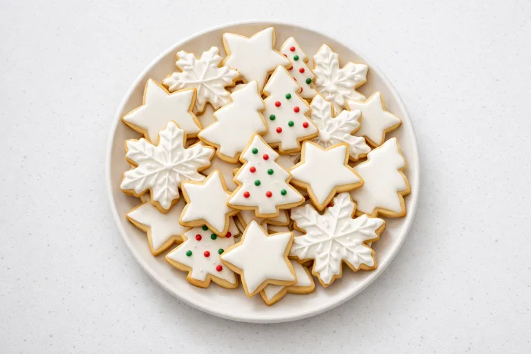 Vegan Christmas cookies in star, tree and snowflake shapes decorated with white and colored vegan royal icing on a white plate