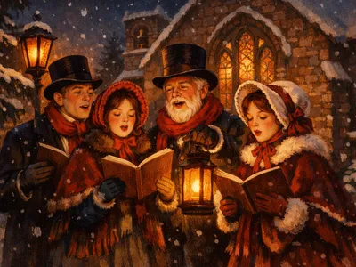 Victorian carolers singing by lantern light outside a snowy stone church