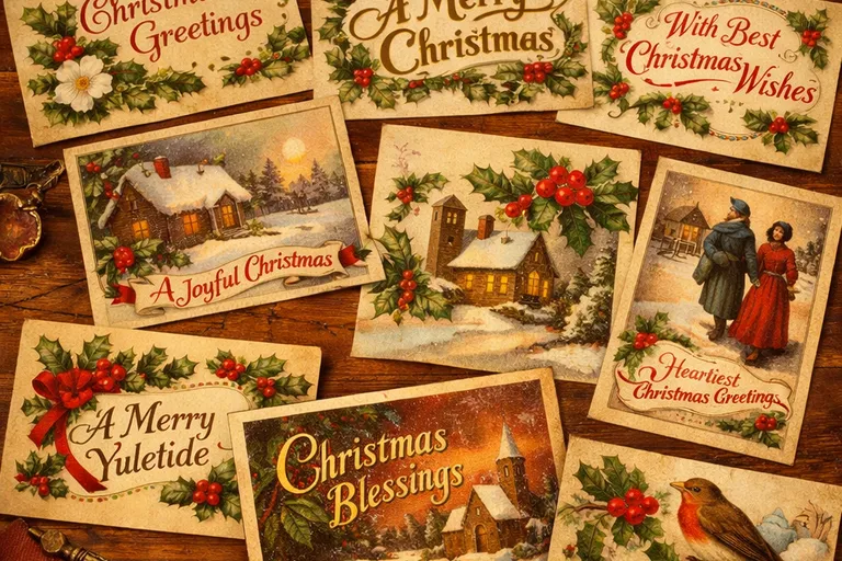 Victorian Christmas cards featuring red and green holly designs