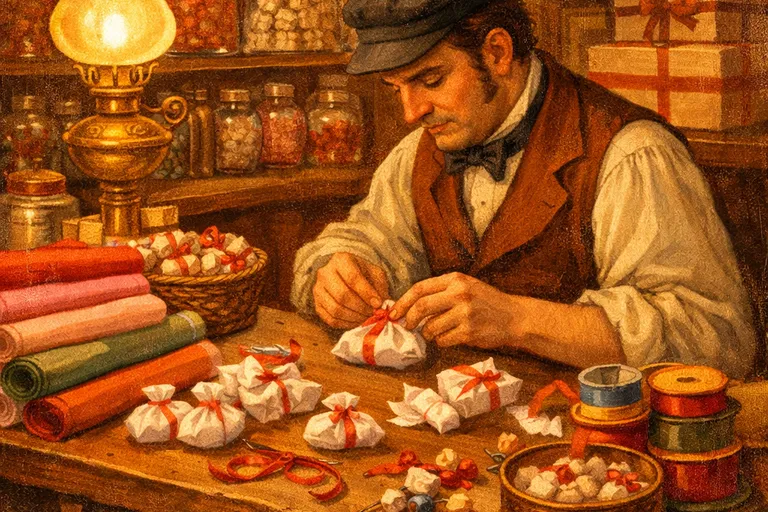 Victorian confectioner Tom Smith crafting early Christmas crackers in his London workshop