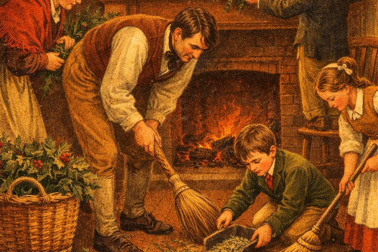 Victorian English family removing Christmas decorations on Twelfth Night, sweeping pine needles from the floor
