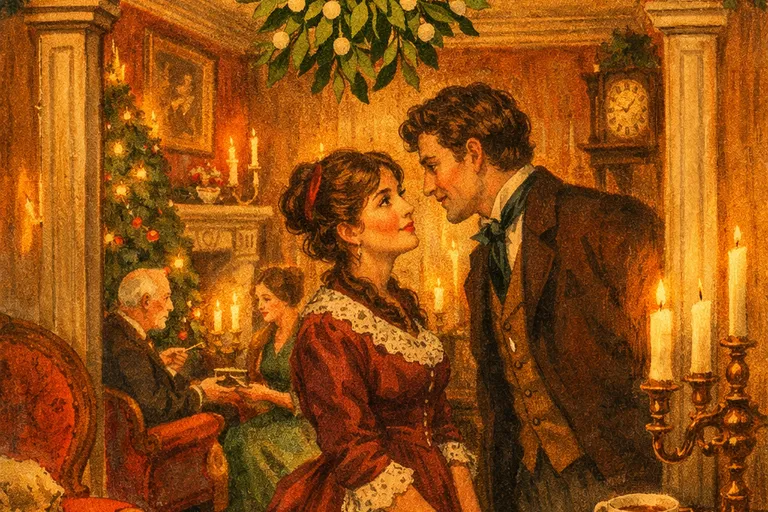 Victorian English parlor with mistletoe hung in a doorway surrounded by Christmas decorations