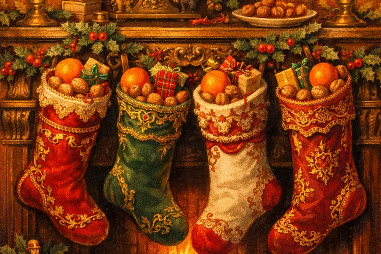 Victorian-era embroidered Christmas stockings on an ornate fireplace mantel