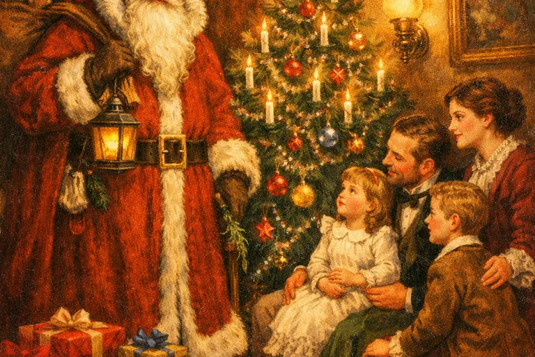 Victorian-era Father Christmas in a red coat standing by a candlelit Christmas tree in a family parlor