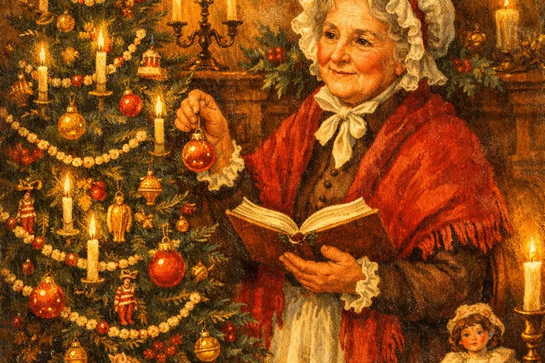 Victorian-era illustration of Mrs. Claus beside a candlelit Christmas tree