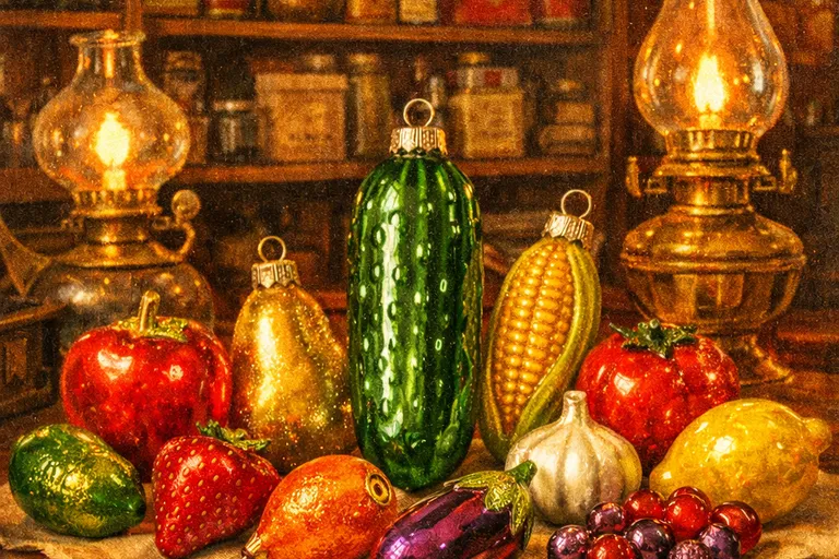 Victorian-era store counter displaying imported glass ornaments including pickle-shaped ones from Germany