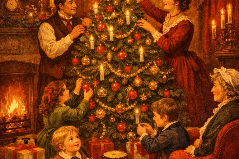 Victorian family decorating a Christmas tree in a candlelit parlor