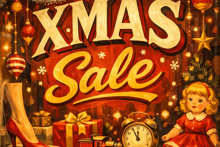 Vintage 1950s storefront window with hand-painted Xmas Sale sign and tinsel decorations