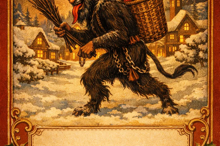 Vintage-style Krampus greeting card with Krampus carrying birch switches through a snowy village