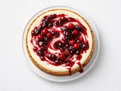 White chocolate cranberry cheesecake with glossy red cranberry topping on a white ceramic stand