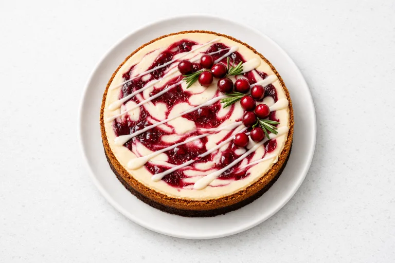 White chocolate cranberry Christmas cheesecake with cranberry swirl and gingersnap crust on a white plate