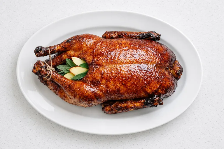 Whole roast goose with crisp golden skin and apple sage stuffing on a white serving platter