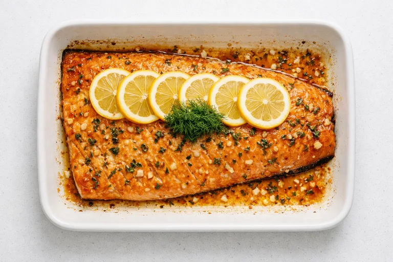Whole side of Christmas baked salmon with honey butter glaze, lemon slices, and fresh herbs in a white baking dish