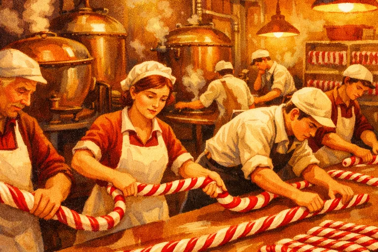 Workers in a candy cane factory pulling and twisting striped candy on long tables